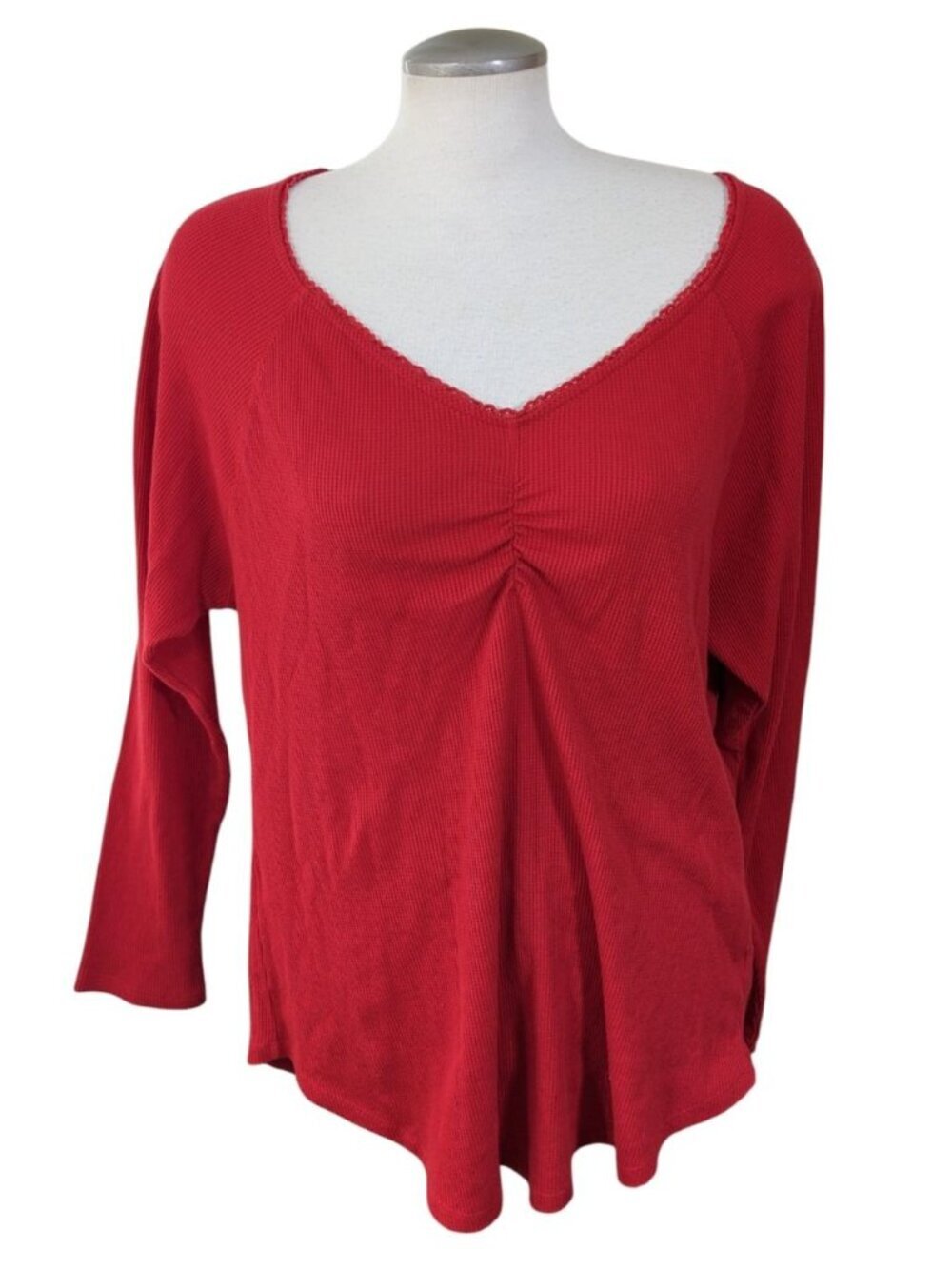 Old Navy XXL Womens Thermal Red Waffle Knit Lace Trim V Neck Top Lounge Stretch